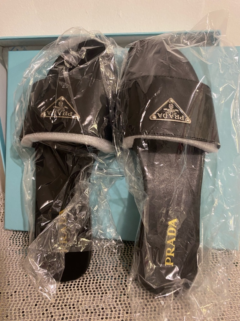 Prada Black Leather Logo Slide Sandals with Gold Emblem - Picture 8 of 11